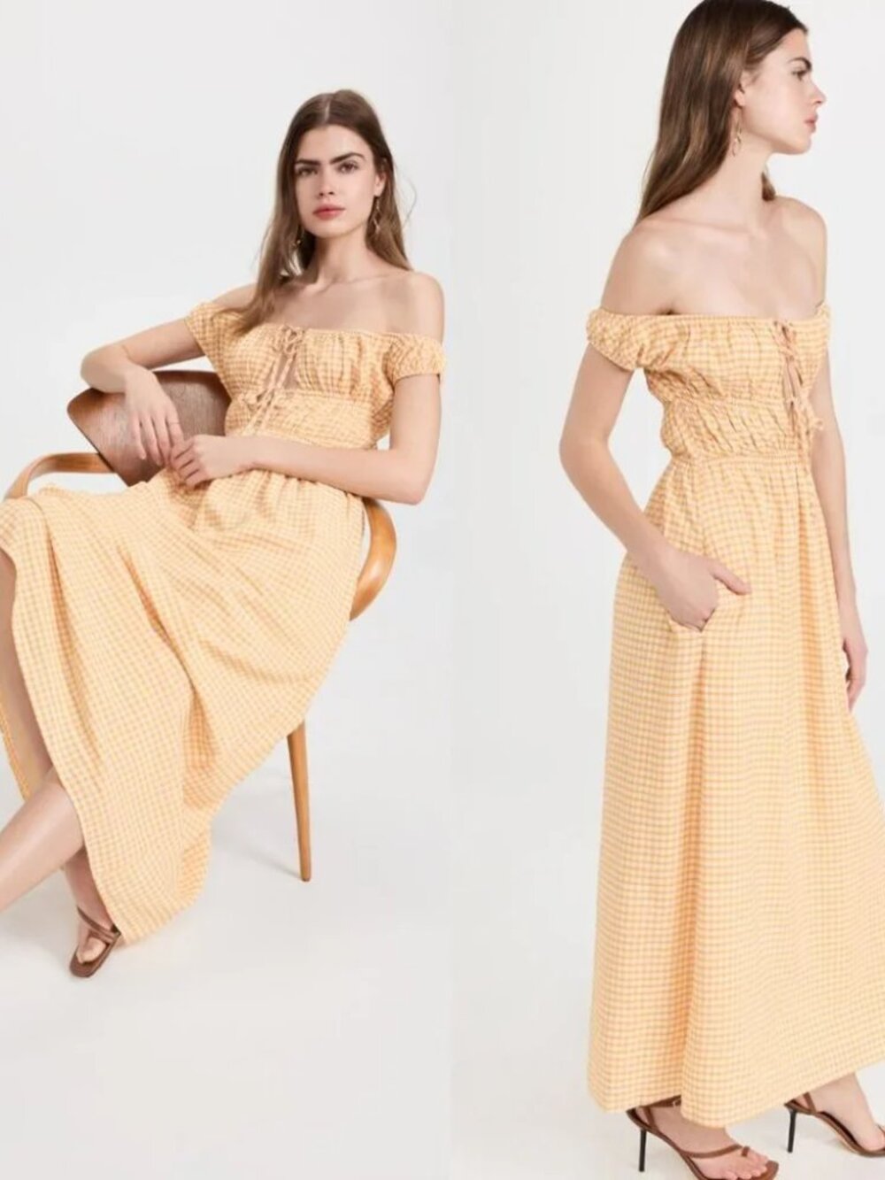 {NWT} Hansen & Gretel Marella Midi Dress In Mango Check Ruched Off-Shoulder XS